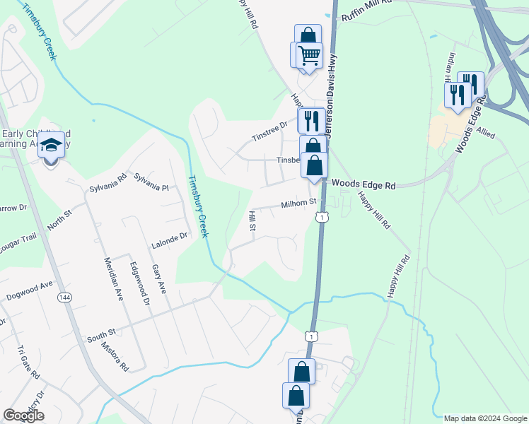 map of restaurants, bars, coffee shops, grocery stores, and more near 2807 Milhorn Street in Chesterfield County