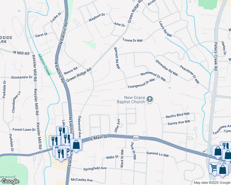 map of restaurants, bars, coffee shops, grocery stores, and more near 5142 Youngwood Drive Northwest in Roanoke