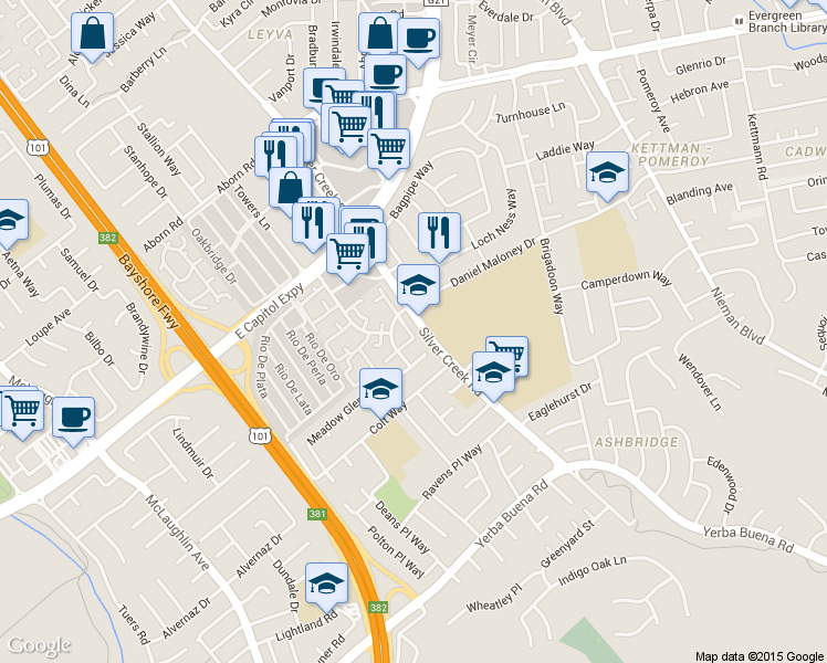 map of restaurants, bars, coffee shops, grocery stores, and more near 3536 Marsh Manor Way in San Jose