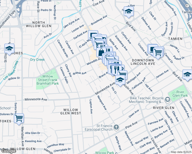 map of restaurants, bars, coffee shops, grocery stores, and more near 1187 Brace Avenue in San Jose