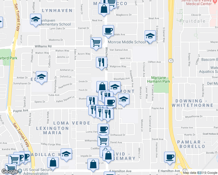 map of restaurants, bars, coffee shops, grocery stores, and more near 1203 South Winchester Boulevard in San Jose