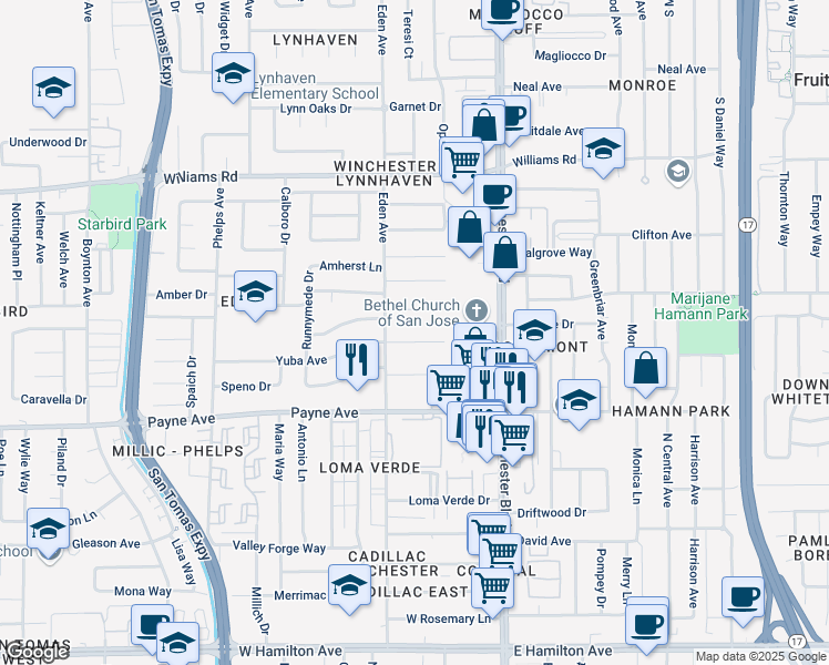 map of restaurants, bars, coffee shops, grocery stores, and more near 3200 Finch Drive in San Jose