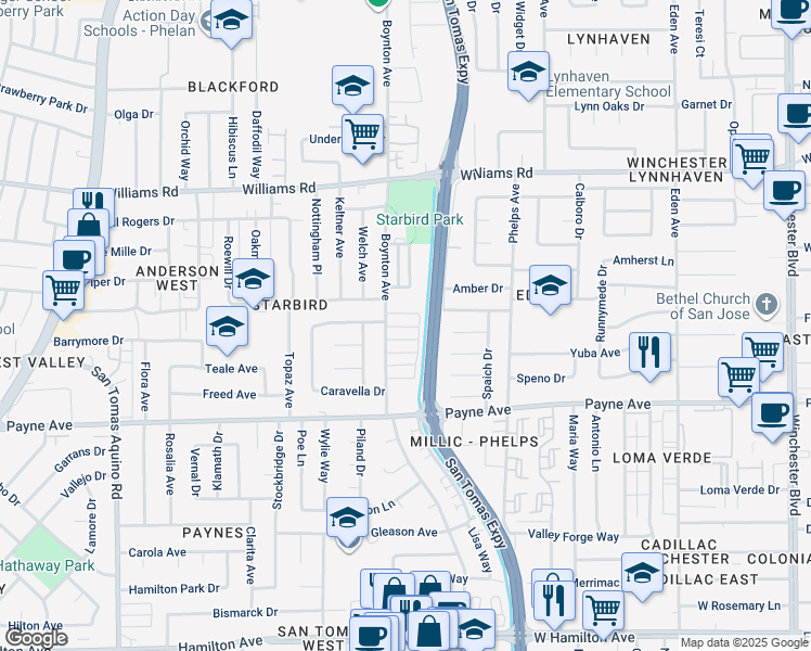 map of restaurants, bars, coffee shops, grocery stores, and more near 3678 Bridgeport Court in San Jose