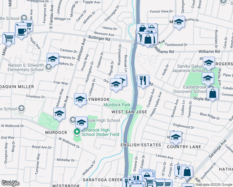 map of restaurants, bars, coffee shops, grocery stores, and more near 1188 Wunderlich Drive in San Jose