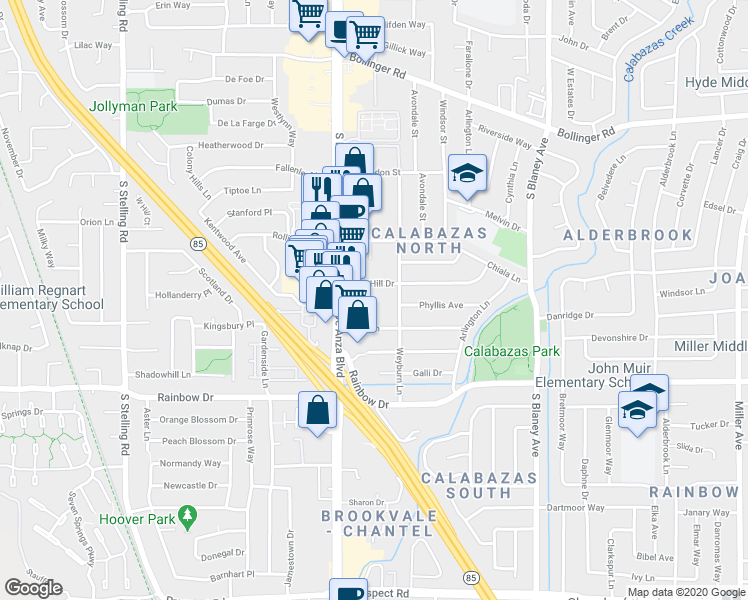 map of restaurants, bars, coffee shops, grocery stores, and more near 7221 Bark Lane in San Jose
