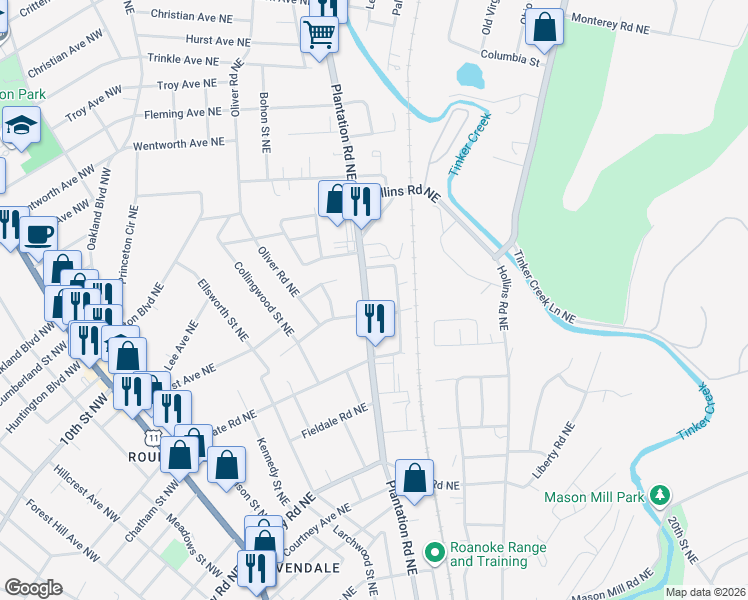 map of restaurants, bars, coffee shops, grocery stores, and more near 618 Lindbergh Lane Northeast in Roanoke