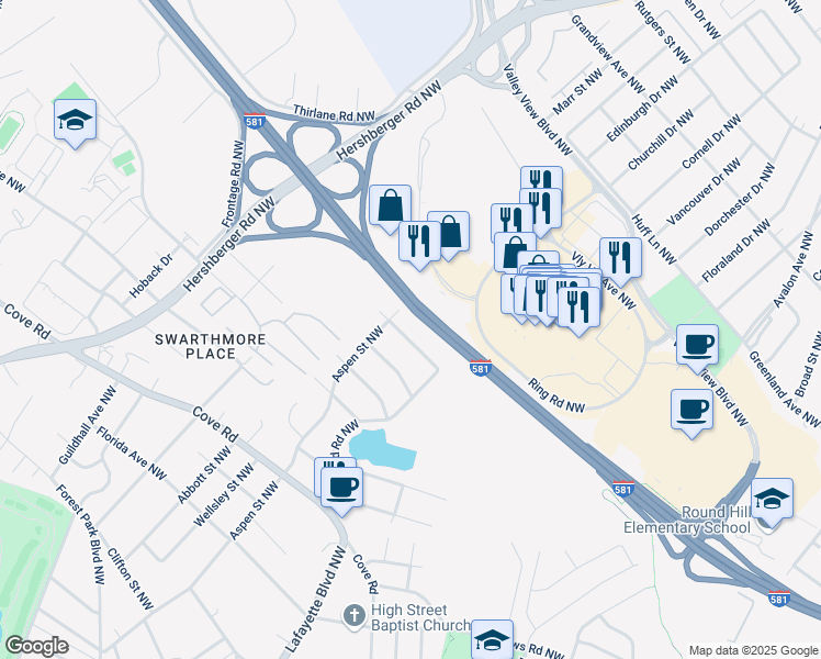 map of restaurants, bars, coffee shops, grocery stores, and more near 2730 Brooklyn Drive Northwest in Roanoke