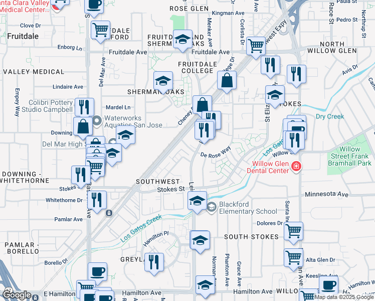 map of restaurants, bars, coffee shops, grocery stores, and more near 1688 De Rose Way in San Jose