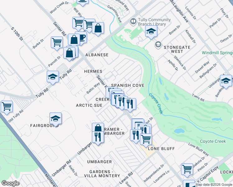 map of restaurants, bars, coffee shops, grocery stores, and more near 2600 Senter Road in San Jose