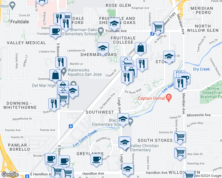 map of restaurants, bars, coffee shops, grocery stores, and more near 1830 Southwest Expressway in San Jose