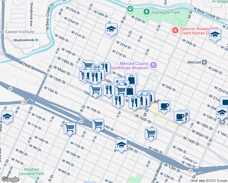 map of restaurants, bars, coffee shops, grocery stores, and more near 901 West Main Street in Merced