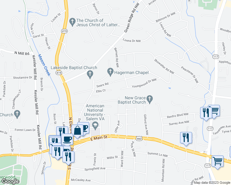 map of restaurants, bars, coffee shops, grocery stores, and more near 5142 Youngwood Drive Northwest in Roanoke