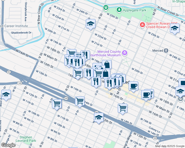 map of restaurants, bars, coffee shops, grocery stores, and more near 901 West Main Street in Merced