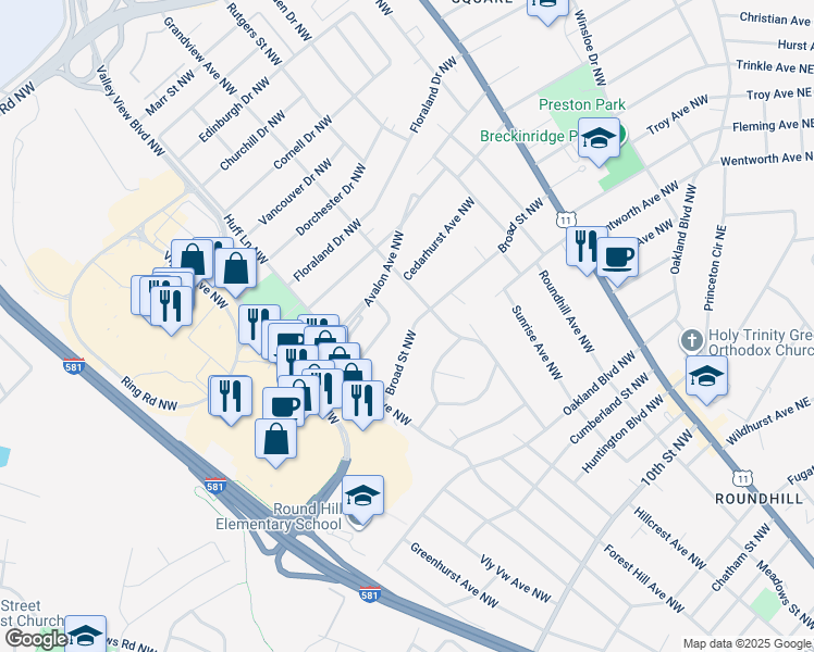 map of restaurants, bars, coffee shops, grocery stores, and more near 2530 Broad Street Northwest in Roanoke