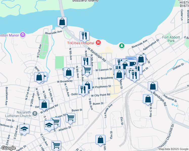 map of restaurants, bars, coffee shops, grocery stores, and more near 305 North 5th Avenue in Hopewell