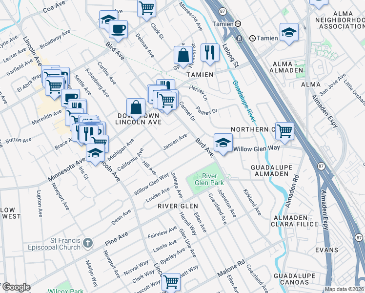 map of restaurants, bars, coffee shops, grocery stores, and more near 851 Nevada Avenue in San Jose