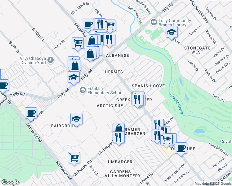 map of restaurants, bars, coffee shops, grocery stores, and more near 519 Salmon Drive in San Jose