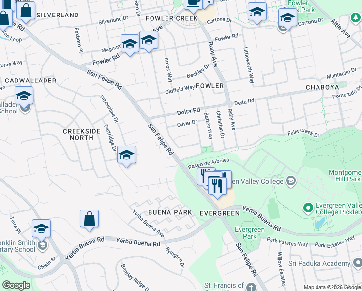 map of restaurants, bars, coffee shops, grocery stores, and more near 2963 Bowery Lane in San Jose