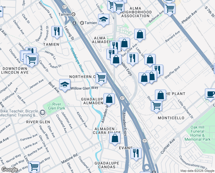 map of restaurants, bars, coffee shops, grocery stores, and more near 427 Willow Glen Way in San Jose