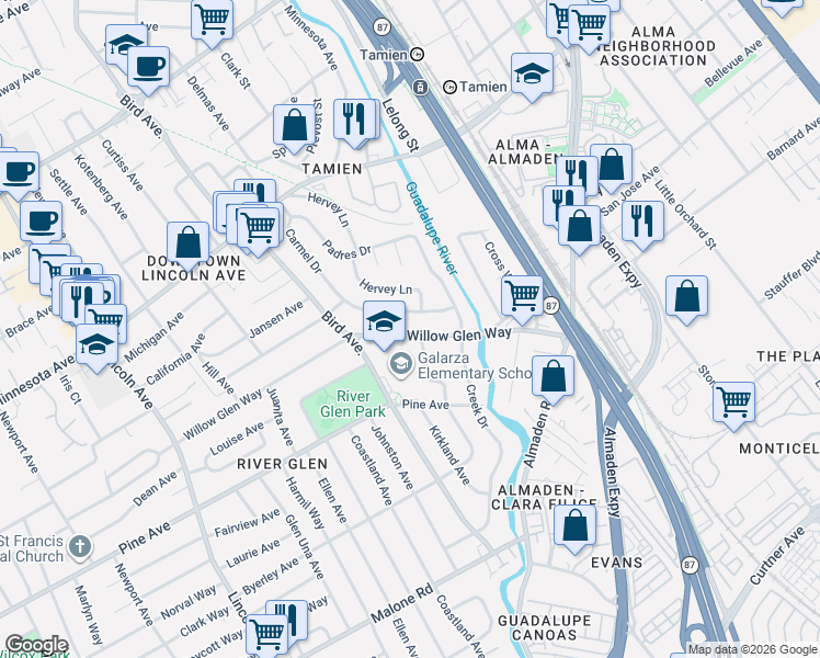 map of restaurants, bars, coffee shops, grocery stores, and more near 1653 Arbor Drive in San Jose