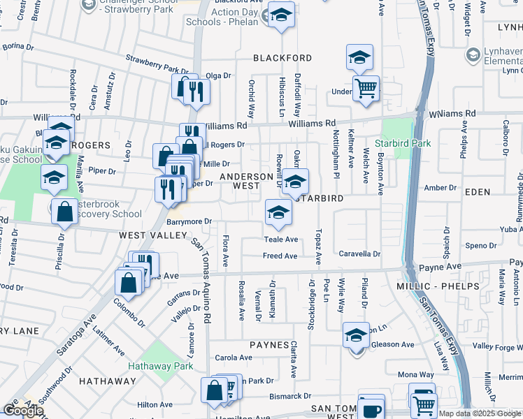 map of restaurants, bars, coffee shops, grocery stores, and more near 4090 Barrymore Drive in San Jose