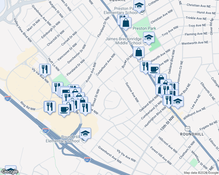 map of restaurants, bars, coffee shops, grocery stores, and more near 3734 Grandview Ave NW in Roanoke