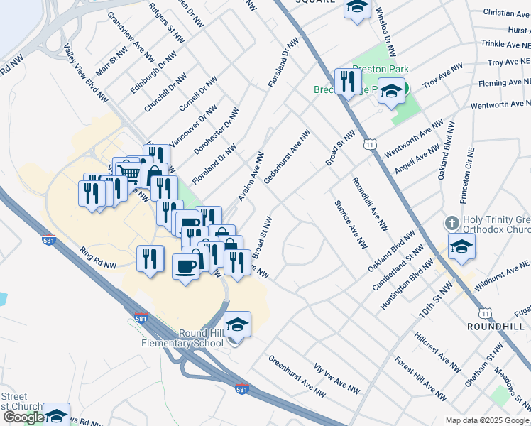 map of restaurants, bars, coffee shops, grocery stores, and more near 2530 Broad Street Northwest in Roanoke