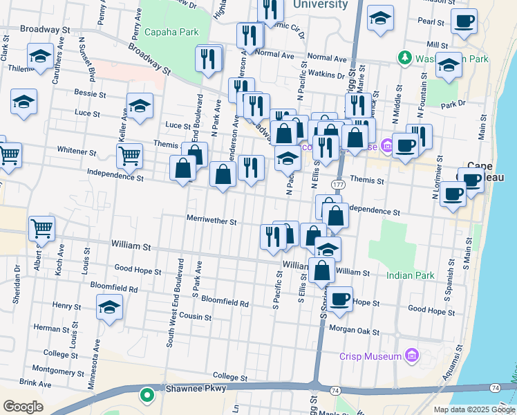 map of restaurants, bars, coffee shops, grocery stores, and more near 37 South Benton Street in Cape Girardeau