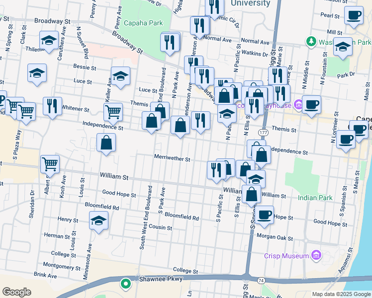 map of restaurants, bars, coffee shops, grocery stores, and more near 1118 Merriwether Street in Cape Girardeau