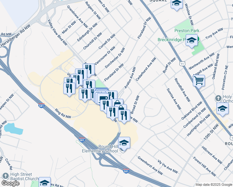 map of restaurants, bars, coffee shops, grocery stores, and more near 2410 Avalon Avenue Northwest in Roanoke