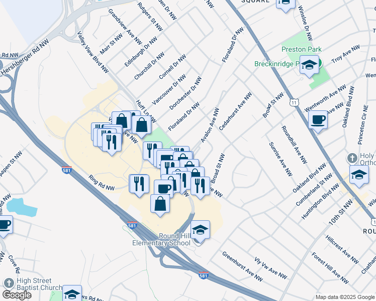 map of restaurants, bars, coffee shops, grocery stores, and more near 2410 Avalon Avenue Northwest in Roanoke