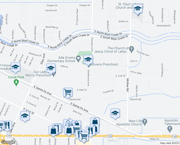 map of restaurants, bars, coffee shops, grocery stores, and more near 2820 Hawthorne Avenue in Merced