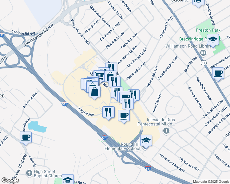 map of restaurants, bars, coffee shops, grocery stores, and more near 4832 Valley View Boulevard Northwest in Roanoke