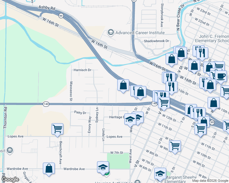 map of restaurants, bars, coffee shops, grocery stores, and more near 1280 Griffin Street in Merced