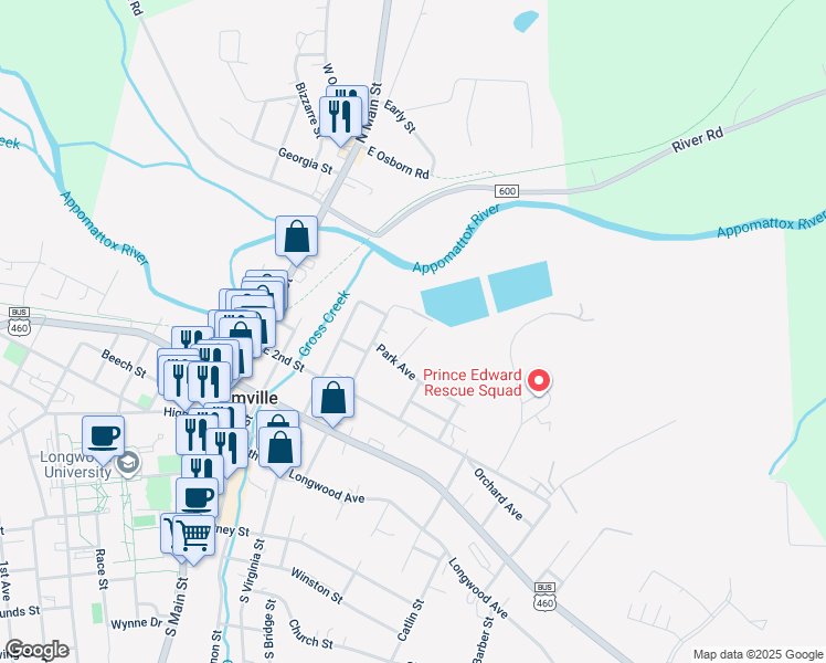 map of restaurants, bars, coffee shops, grocery stores, and more near 501 Serpell Street in Farmville
