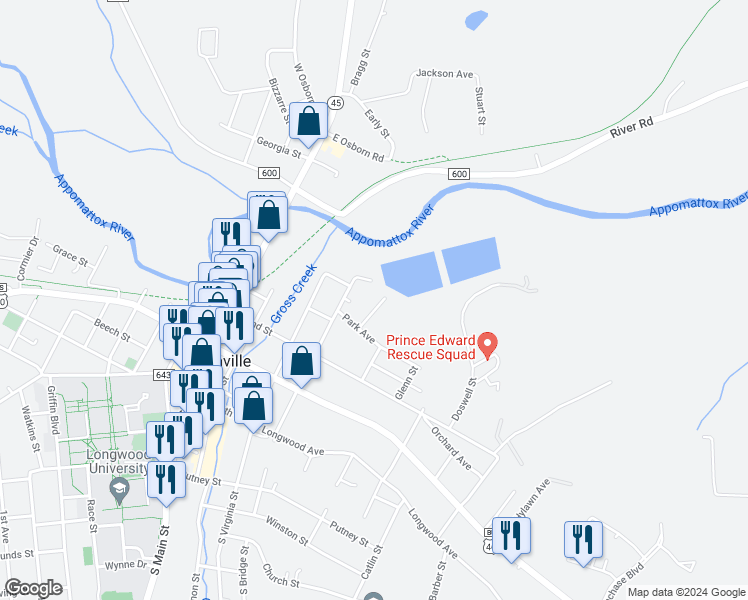 map of restaurants, bars, coffee shops, grocery stores, and more near 501 Serpell Street in Farmville