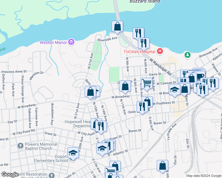 map of restaurants, bars, coffee shops, grocery stores, and more near 400 North 12th Avenue in Hopewell