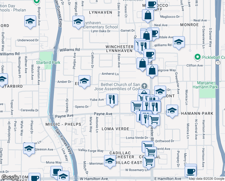 map of restaurants, bars, coffee shops, grocery stores, and more near 3294 Pearltone Drive in San Jose