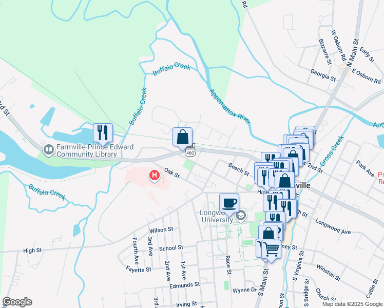 map of restaurants, bars, coffee shops, grocery stores, and more near 704 Buffalo Street in Farmville