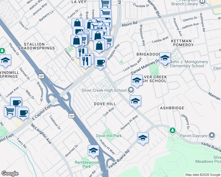 map of restaurants, bars, coffee shops, grocery stores, and more near 3536 Marsh Manor Way in San Jose