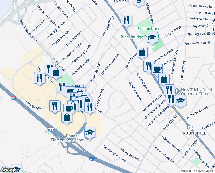 map of restaurants, bars, coffee shops, grocery stores, and more near 3818 Grandview Avenue Northwest in Roanoke