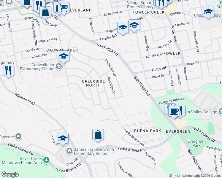 map of restaurants, bars, coffee shops, grocery stores, and more near 4180 Partridge Drive in San Jose