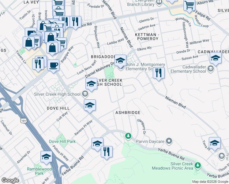 map of restaurants, bars, coffee shops, grocery stores, and more near 3830 Brigadoon Way in San Jose