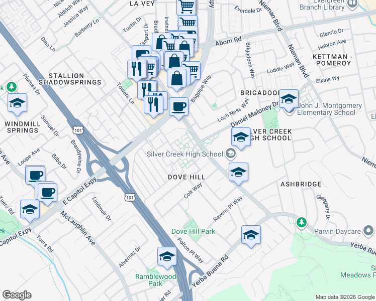 map of restaurants, bars, coffee shops, grocery stores, and more near in San Jose