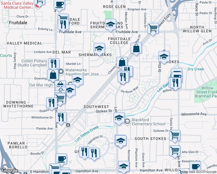 map of restaurants, bars, coffee shops, grocery stores, and more near 1860 Southwest Expressway in San Jose