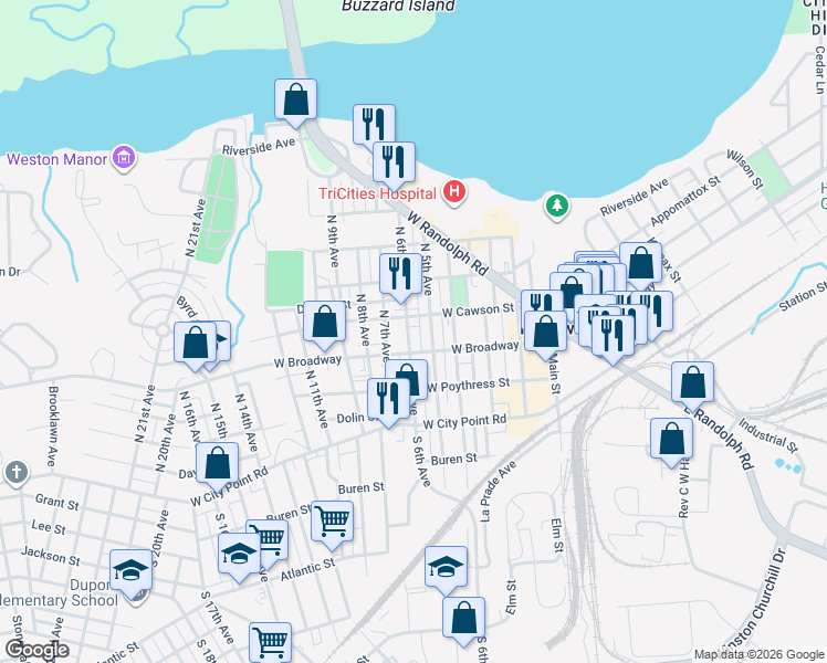 map of restaurants, bars, coffee shops, grocery stores, and more near 211 North 5th Avenue in Hopewell