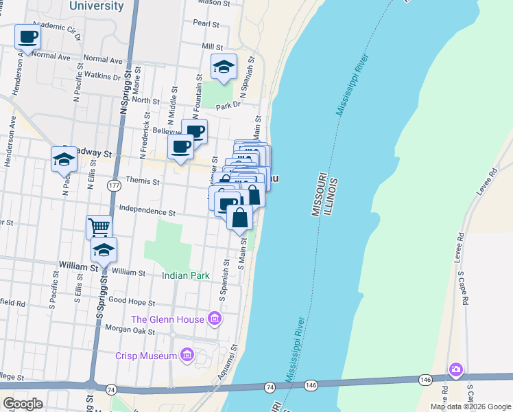 map of restaurants, bars, coffee shops, grocery stores, and more near 2 Main Street in Cape Girardeau