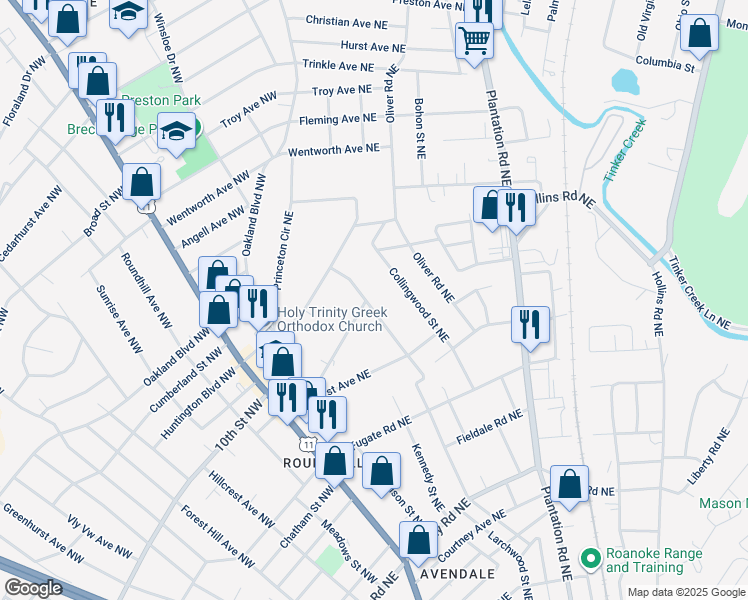 map of restaurants, bars, coffee shops, grocery stores, and more near 3261 Ellsworth Street Northeast in Roanoke