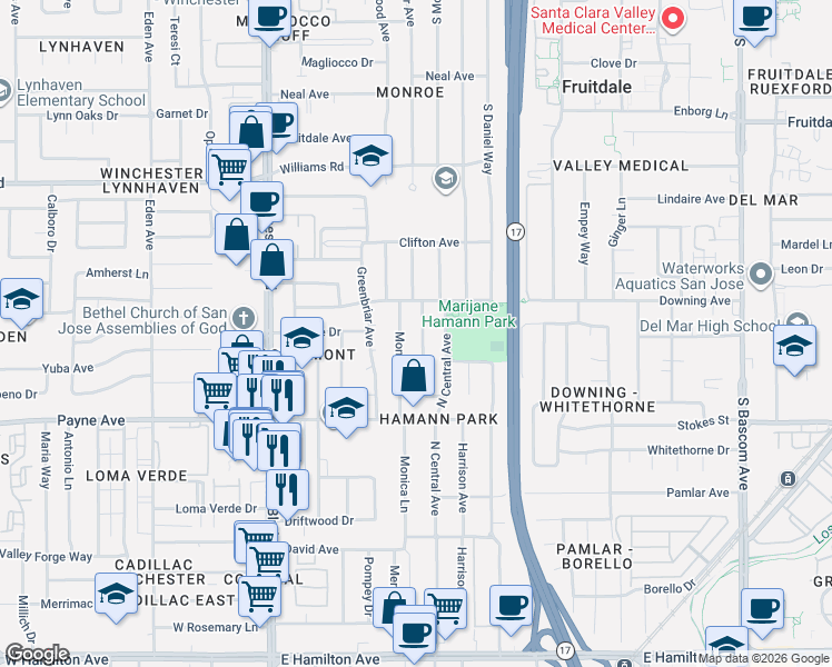map of restaurants, bars, coffee shops, grocery stores, and more near 1122 Lenor Way in San Jose