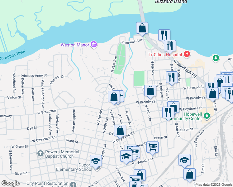 map of restaurants, bars, coffee shops, grocery stores, and more near 122 Byrd Street in Hopewell